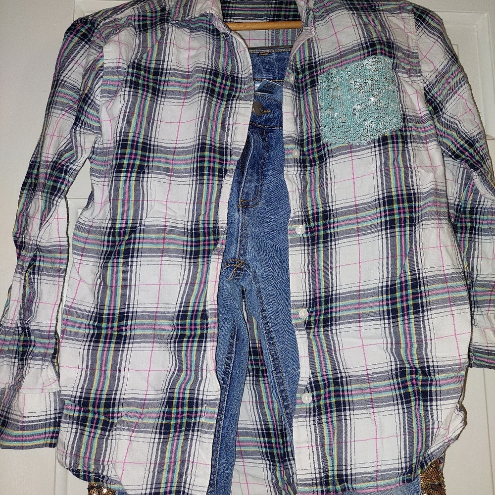 ✨️OUTFIT BUNDLE-Arizona Plaid Shirt w/sequin AND Total Girl Jeans sequin, Size:L - Picture 4 of 16